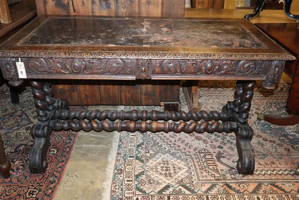 A Victorian carved oak library table, width 126cm, depth 66cm, height 74cm